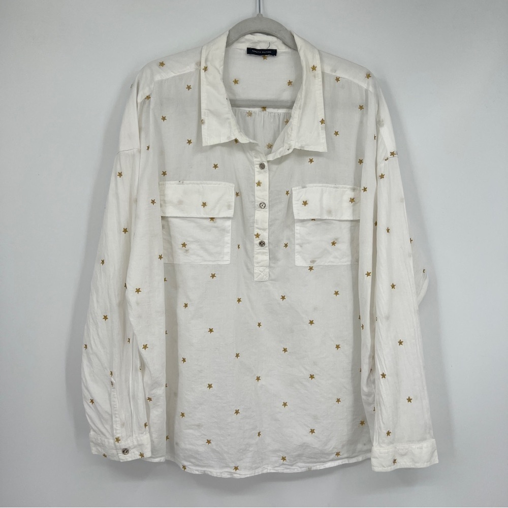 Tommy Hilfiger Gold Star Embroidered Long Sleeve Collared Sheer White Blouse